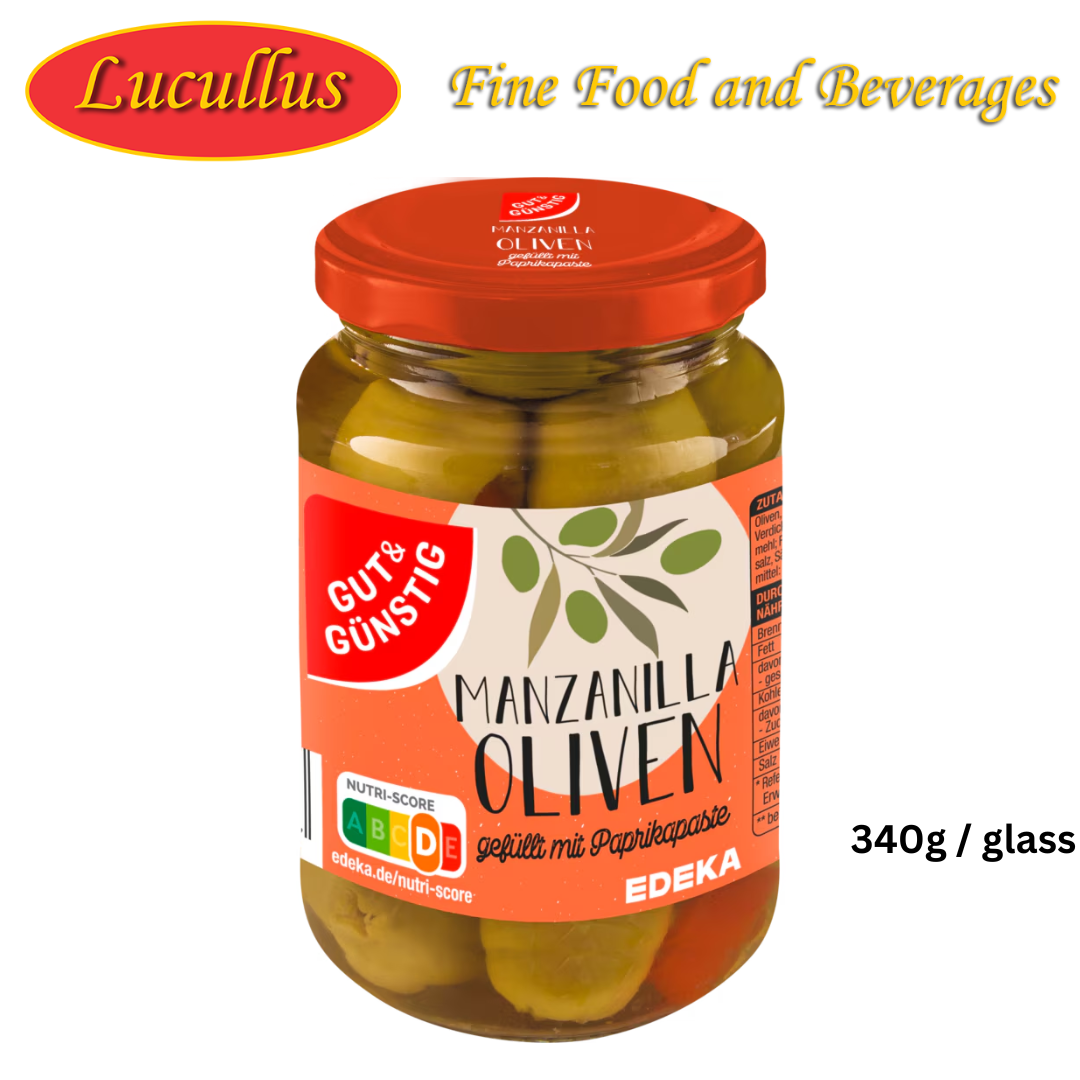 G+G - Olives green with Paprika Paste - 340 g glass / Gruene Oliven mit Paprikafüllung