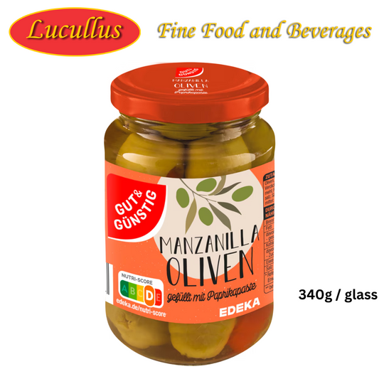 GUT &amp; GÜNSTIG - MANZANILLA OLIVEN MIT PAPRIKAPASTE / OLIVES GREEN W/ PAPRIKA PASTE 340G