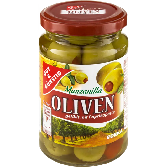 G+G - Olives green with Paprika Paste - 340 g glass / Gruene Oliven mit Paprikafüllung