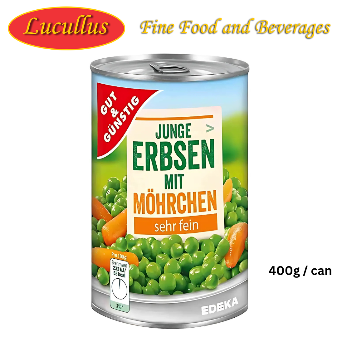 GUT & GÜNSTIG - ERBSEN MIT MÖHRCHEN SEHR FEIN / PEAS & CARROTS EXTRA YOUNG 400G