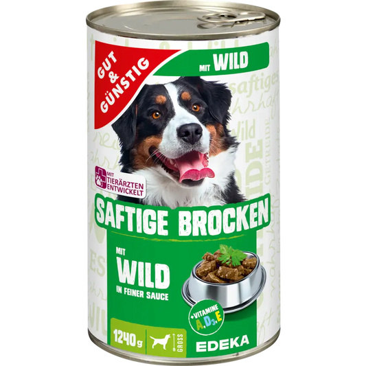 G+G - Dog: Juicy Chunks Game in fine Sauce - 1240 g can / Saftige Brocken mit Wild in feiner Soße