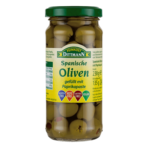 Dittmann - Olives with Bell Pepper Paste - 156 g glass - Oliven mit Paprikapaste