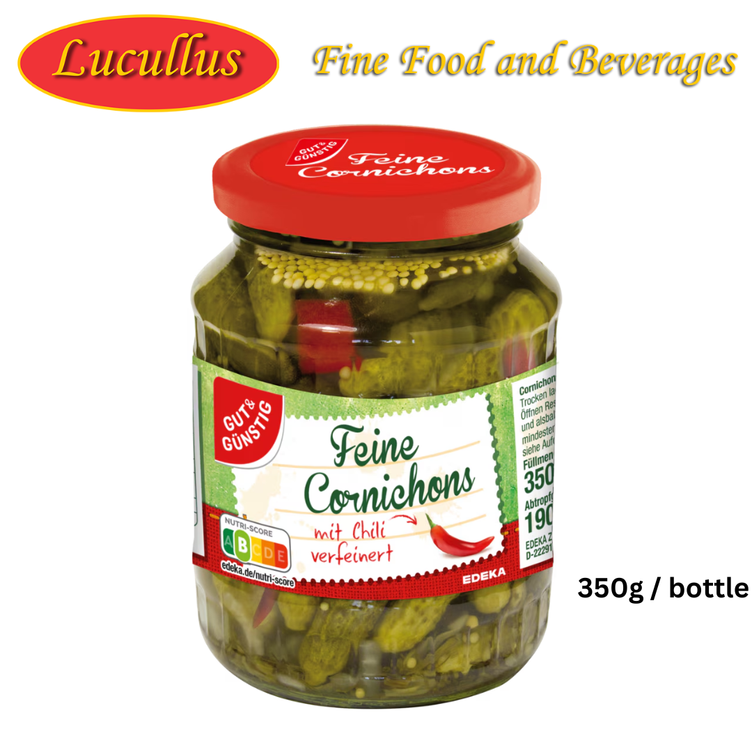 GUT & GÜNSTIG - FEINE CORNICHONS MIT CHILI / SMALL GHERKINS WITH CHILI 350G