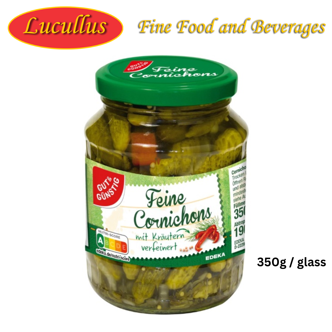 GUT & GÜNSTIG - FEINE CORNICHONS MIT KRÄUTER / SMALL GHERKINS WITH KRÄUTER 350G