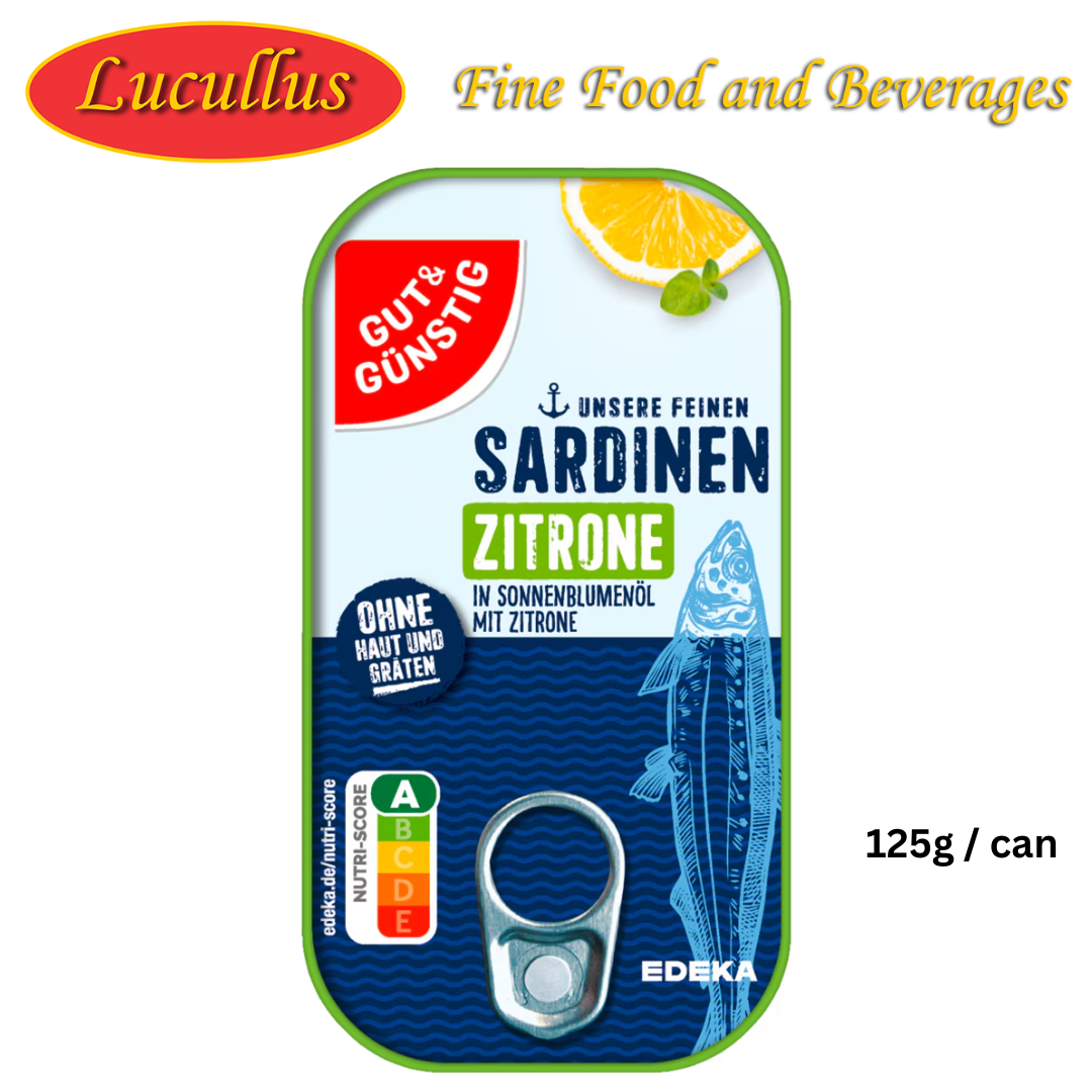 GUT & GÜNSTIG - SARDINEN ZITRONE / SARDINES W/ LEMON IN SUNFLOWER OIL 125G