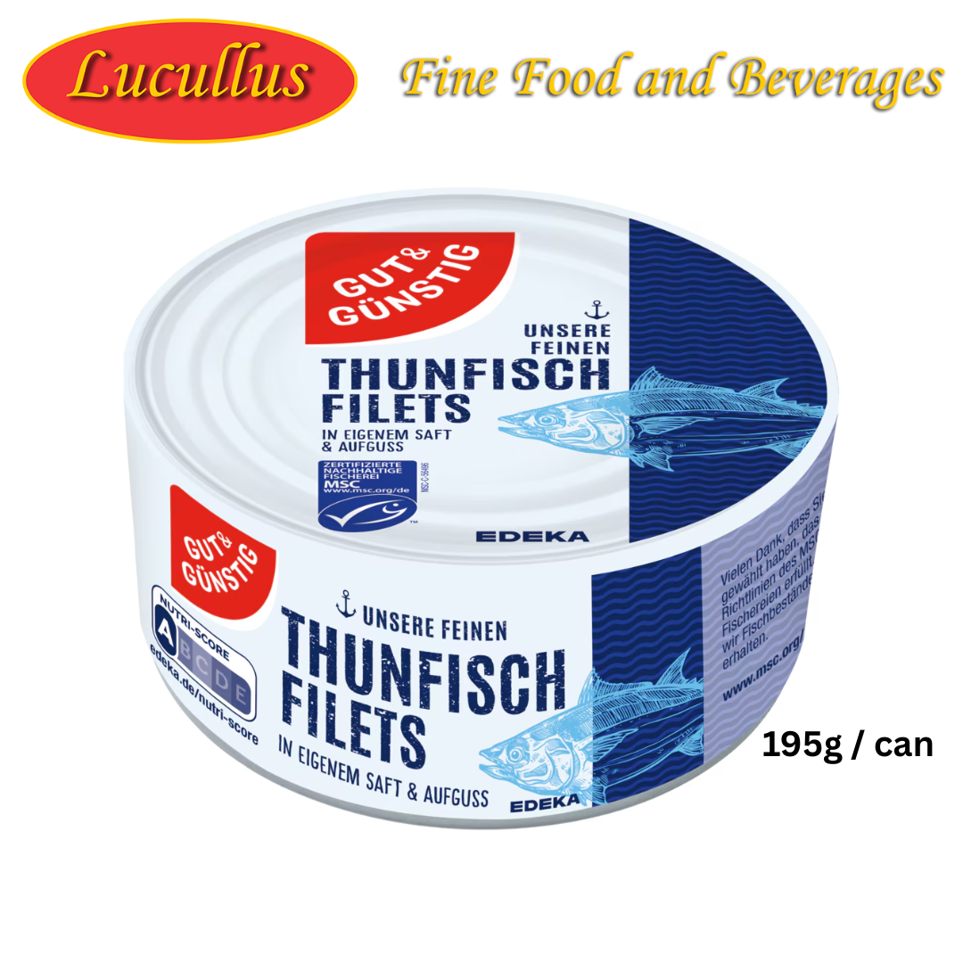 GUT & GÜNSTIG - THUNFISCH FILETS IN EIGENEM SAFT & AUFGUSS / TUNA FILLETS IN THEIR OWN JUICE & INFUSION 195G