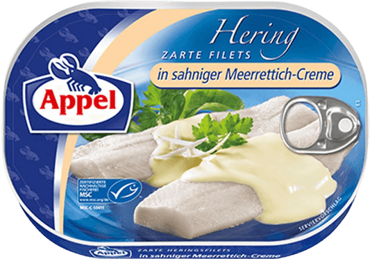 Appel - Herrings Fillet in Horseraddish Cream - 200 g can / Heringsfilet in Meerrettichcreme