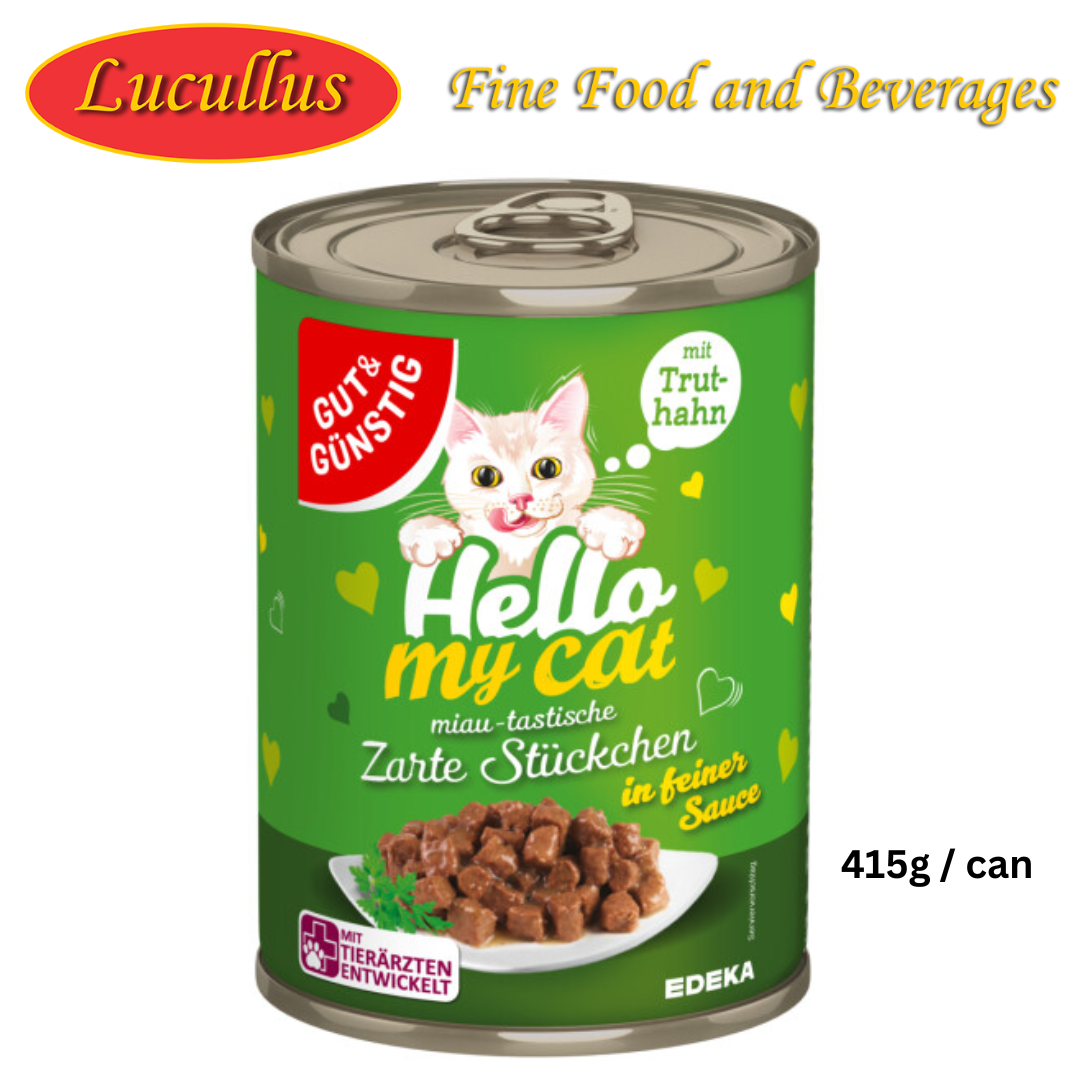 GUT & GÜNSTIG - HELLO MY CAT ZARTE STÜCKCHEN MIT TRUTHAN / TENDER PIECES IN A FINE SAUCE W/ TURKEY 415G