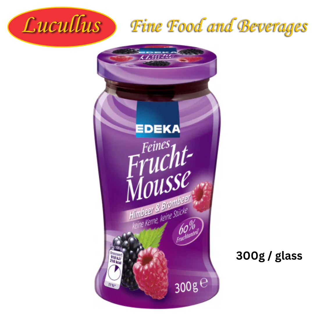 EDEKA - FEINES FRUCHT MOUSSE HOMBEER & BROMBEER / FINE FRUIT MOUSSE RASPBERRY & BLACKBERRY 300G