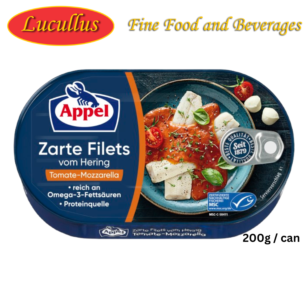 Appel - Herrings Fillet in Tomato-Mozarella - 200 g can / Heringsfilet in Tomate-Mozzarrella