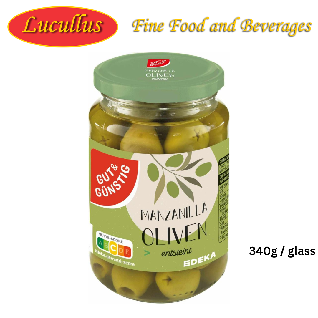 GUT & GÜNSTIG - MANZANILLA OLIVEN ENTSTEINT / PITTED GREEN OLIVES 340G